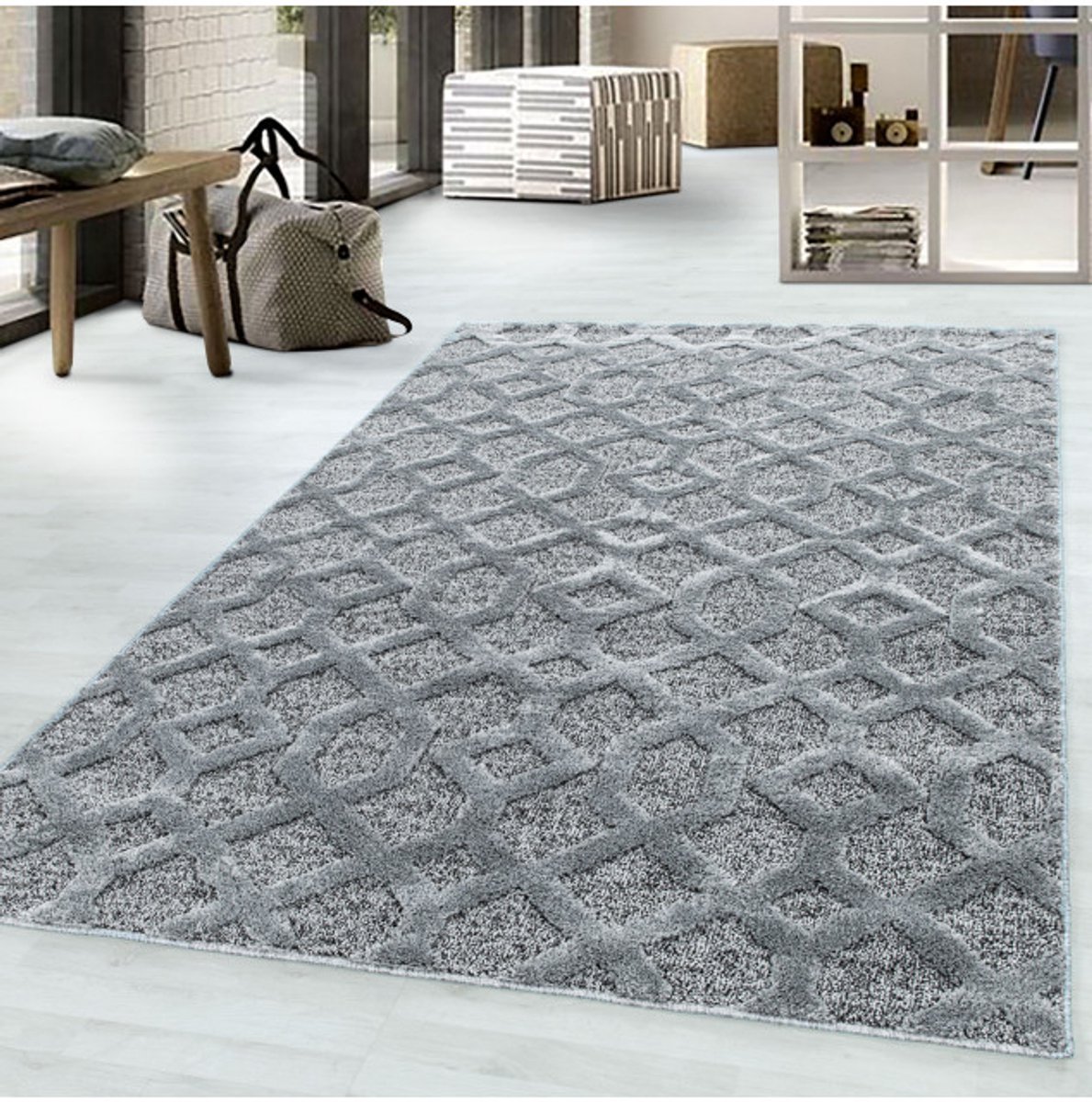 TapisTrend Harig tapijt Grijs 280x370 cm geometrisch vloerkleed met kleine, in elkaar grijpende ruitjes, 20 mm poolhoogte, moderne stijl voor woonkamer