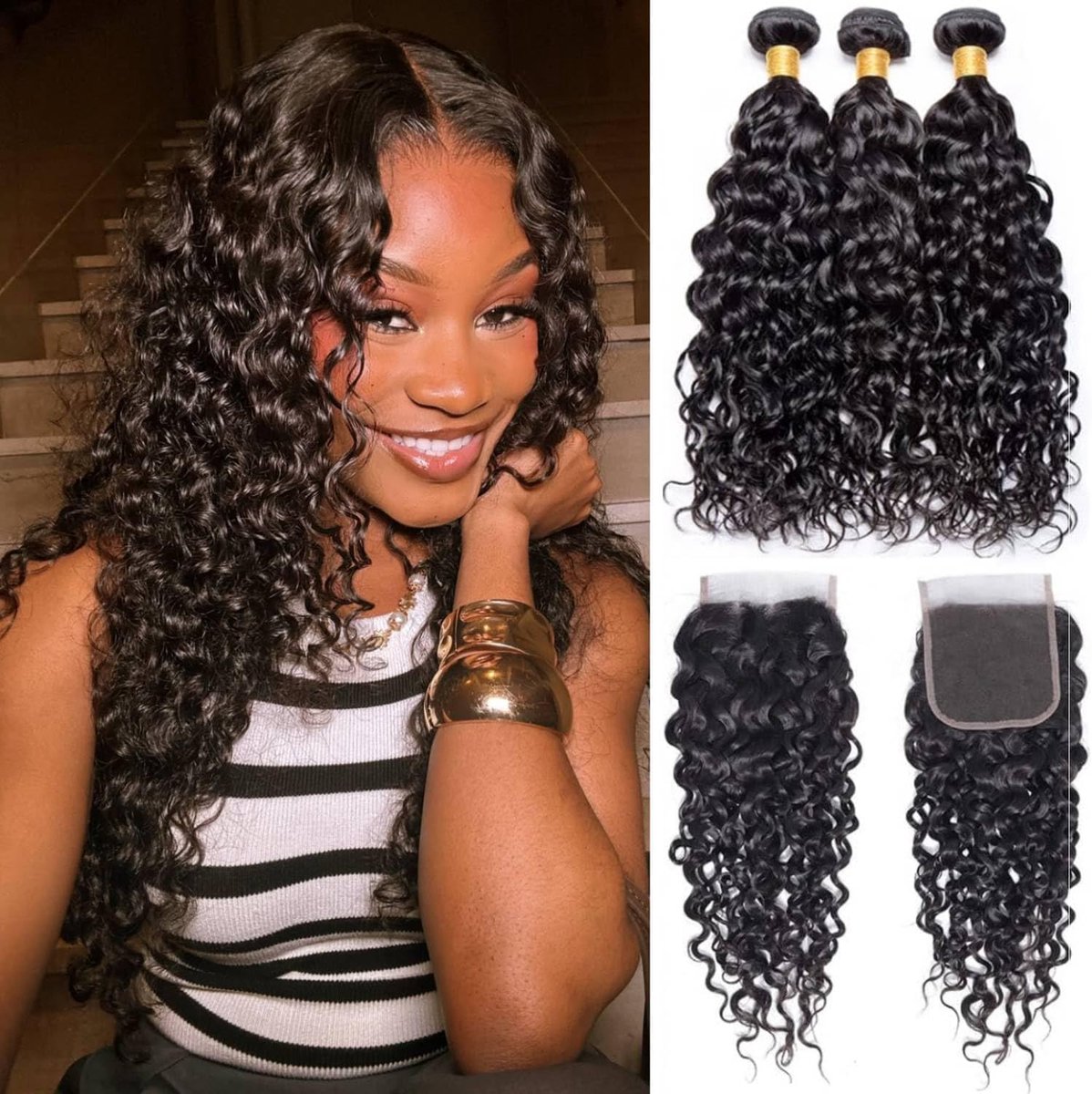 10A Water Wave Human Hair Bundles with Closure (16 18 20+14) Wet and Wavy Brazilian Virgin Human Hair 3 Bundles with 4x4 Lace Closure