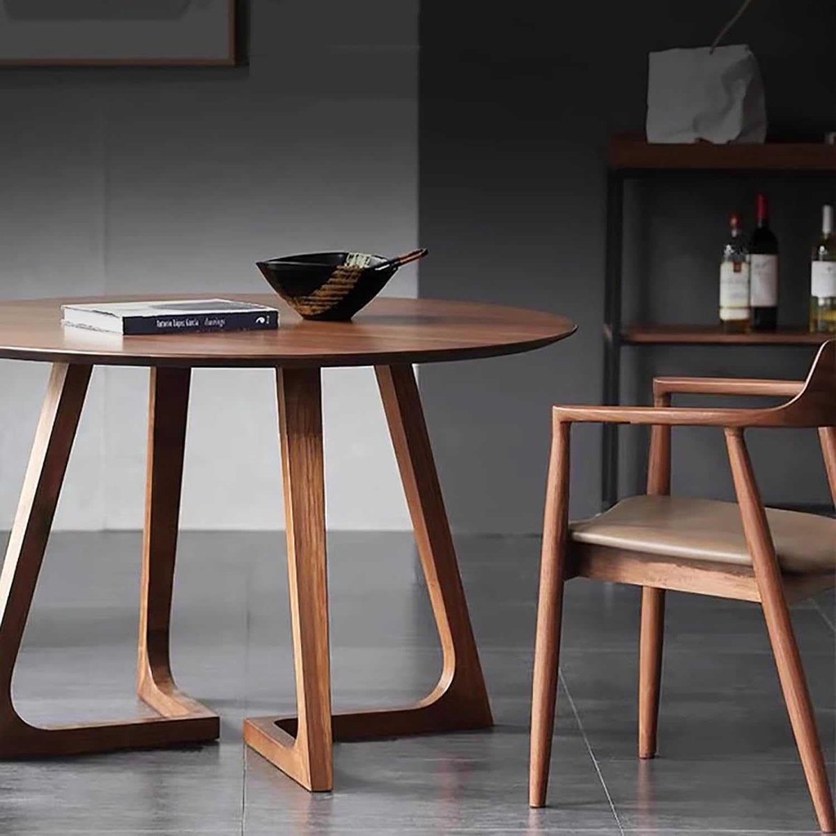Houten moderne ronde eettafel, V-poot basis, ruimtebesparend ontwerp, eenvoudige montage voor eetkamer en woonkamer, walnoot, 90 cm