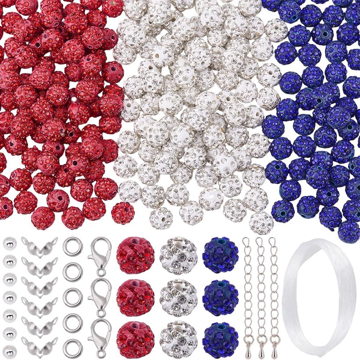 255 stuks 3-kleurige glinsterende discoballen strass kralen productiekit polymeer klei blauw rood wit ronde glanzende honkbalhalsband losse sieradenspacer vriendschapsarmband oorbel DIY Han