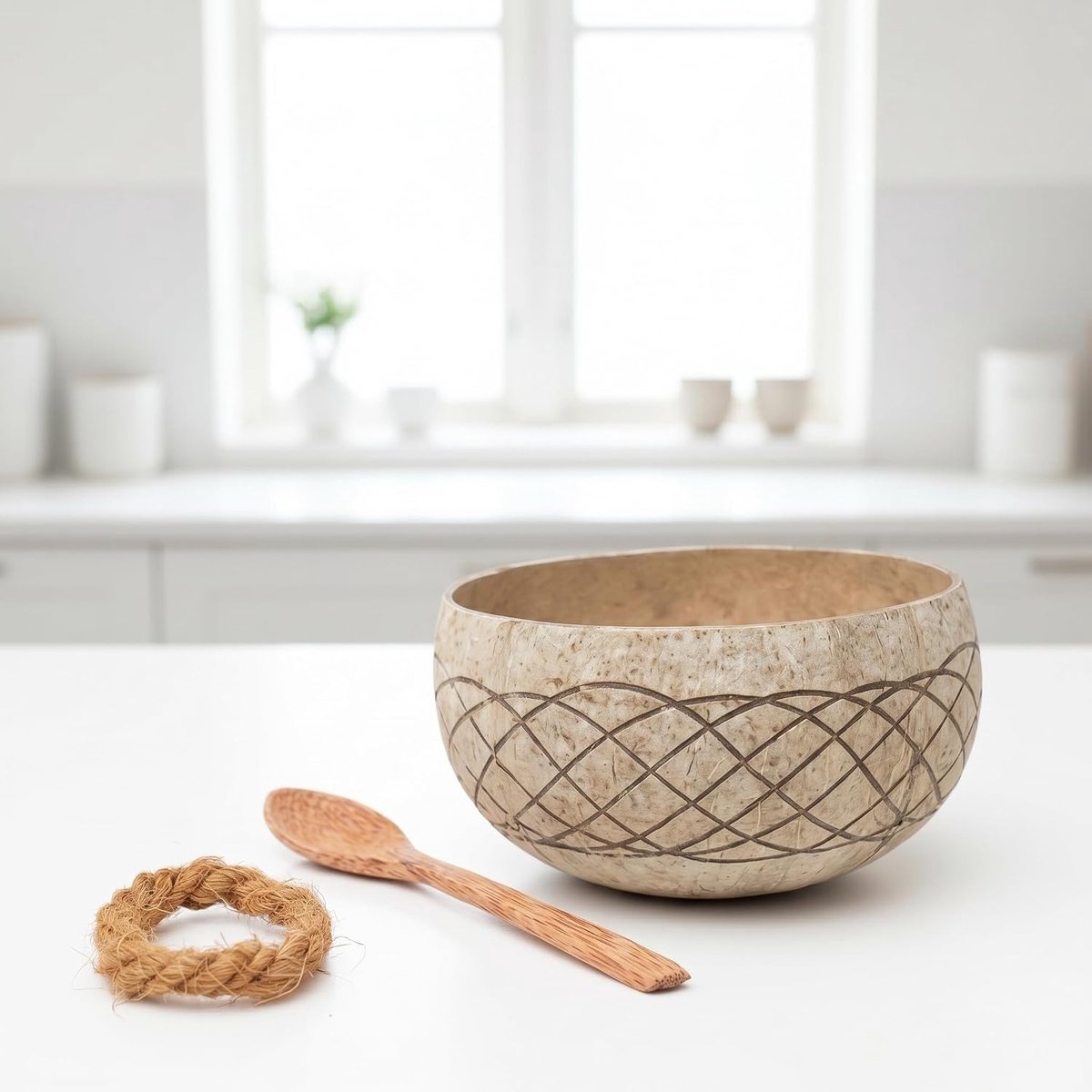 Cocovibes Kokosnootkom, mueslikom, smoothie, kokosnootschaal met anti-kantelring en houten lepel, duurzame dessert- en Boeddhaschaal (HAWAII-1)
