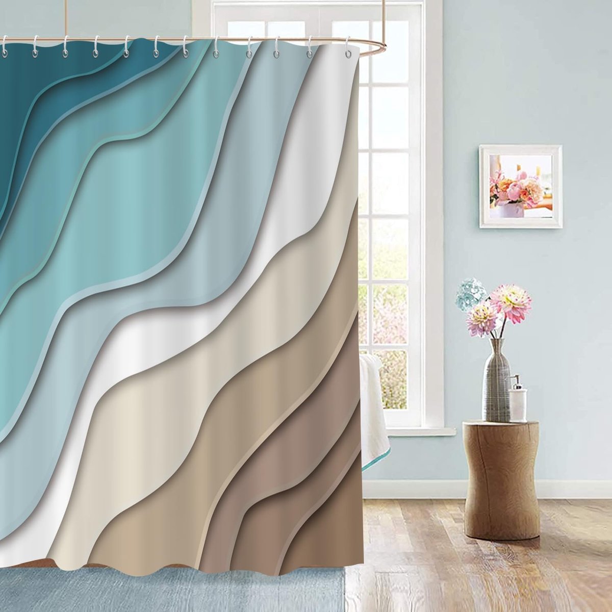 Douchegordijn, blauwgroen, groenblauw, bruin, schaduw, aqua strand, golven, abstract, oceaan, modern, badkamergordijn, waterdichte stof, machinewasbaar, met 12 haken, 182,9 x 183 cm