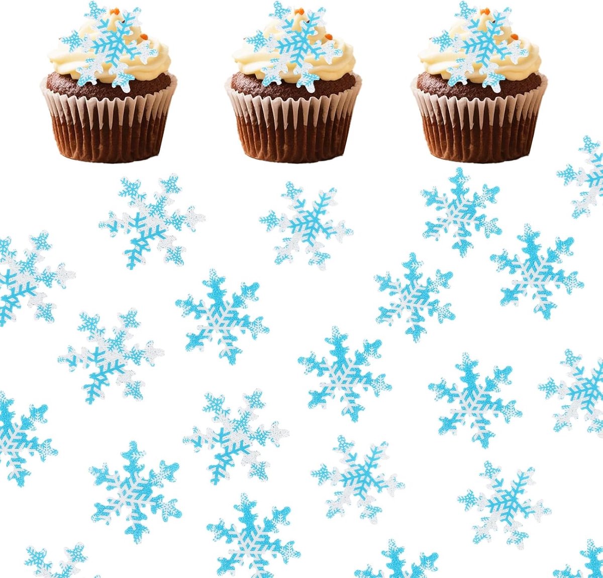 Eetbare Sneeuwvlokken voor Taartdecoratie, Blauw en Wit Wafelpapier Sneeuwvlok Cupcake Toppers Premium Verjaardag Taart Decoraties voor Kerst Winter Thema Verjaardagsfeest