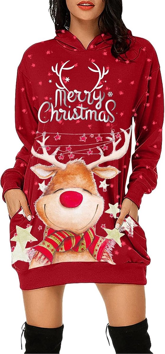 Weihnachtspullover Kleider Damen Rot Weinglas Lang Kapuzenpullover Weihnachten Pullover Sweatshirt Weihnachts Hoodie Lang Baumwolle Sweatkleid Weihnachtskleid Weihnachtspulli Christmas Sweater Frauen