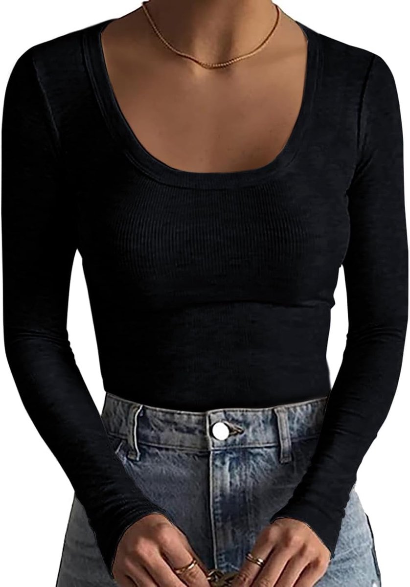 Dames Geribbelde Tops Slank Huidvriendelijk Basic T-shirt Effen Tops Sexy Rekbaar Casual Diepe U-Hals T-Shirt Modieus Veelzijdig Shirt met Lange Mouwen Shirt, zwart, S