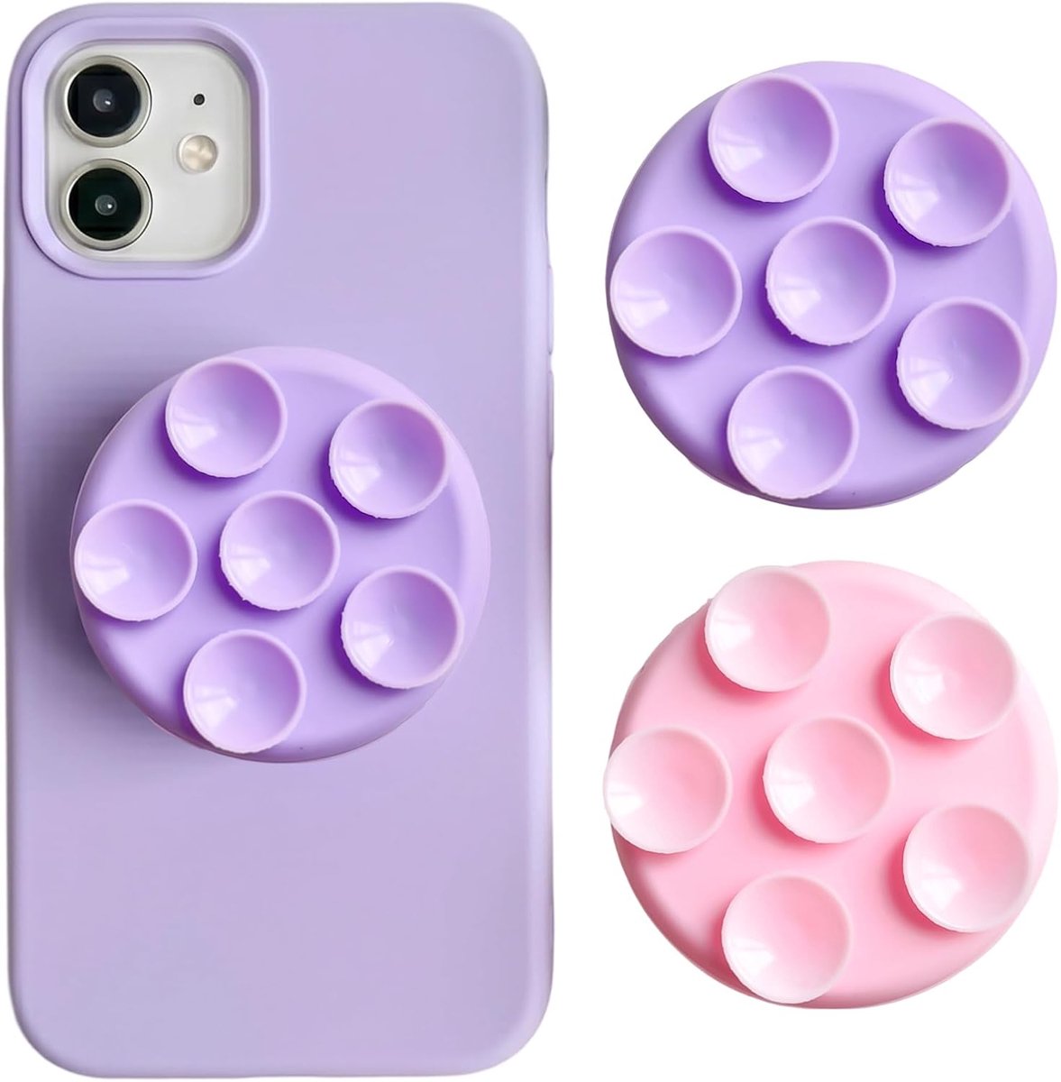 2 stuks telefoonhouder met dubbelzijdige zuignap, van siliconen voor smartphone en tablet, 360° draaibare handgreep voor tafel en muur, accessoires voor dames, paars en roze, 2 stuks