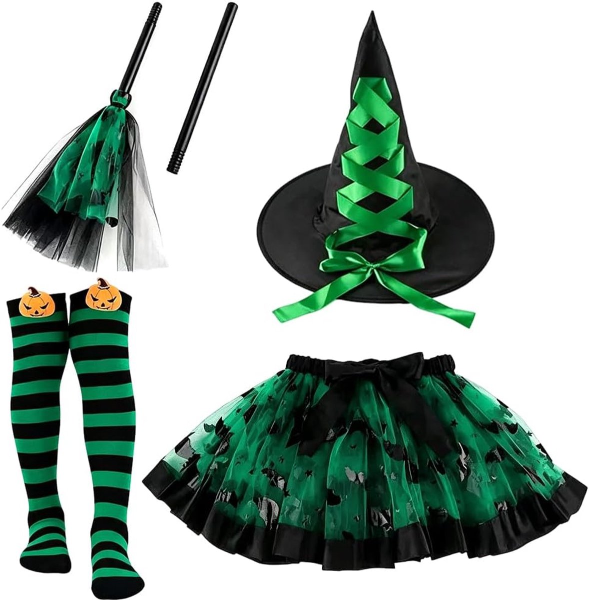 Meisjes, Halloween Kostuum met Tule Rok, Heksenhoed, Kniekousen en Toverstaf, Heksenkostuum, Cosplay Heksenmeisje Carnaval Feestkleding voor Halloween Carnaval(E)