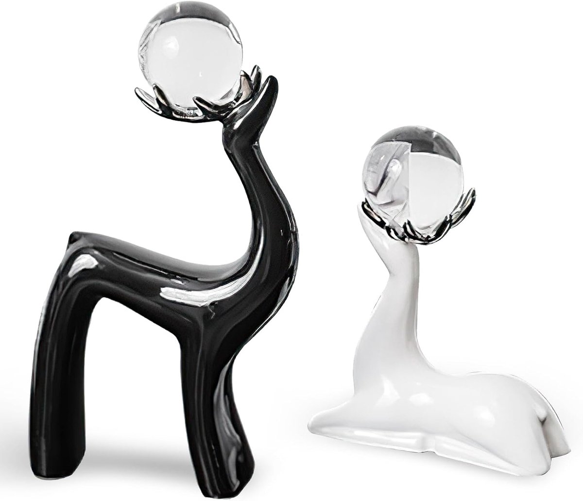 Kristallen rendierbeeldjes - elegante elandbeelden van hars met kristallen bol, moderne Scandinavische woondecoratie voor woonkamer, kantoor en plank, unieke kerst