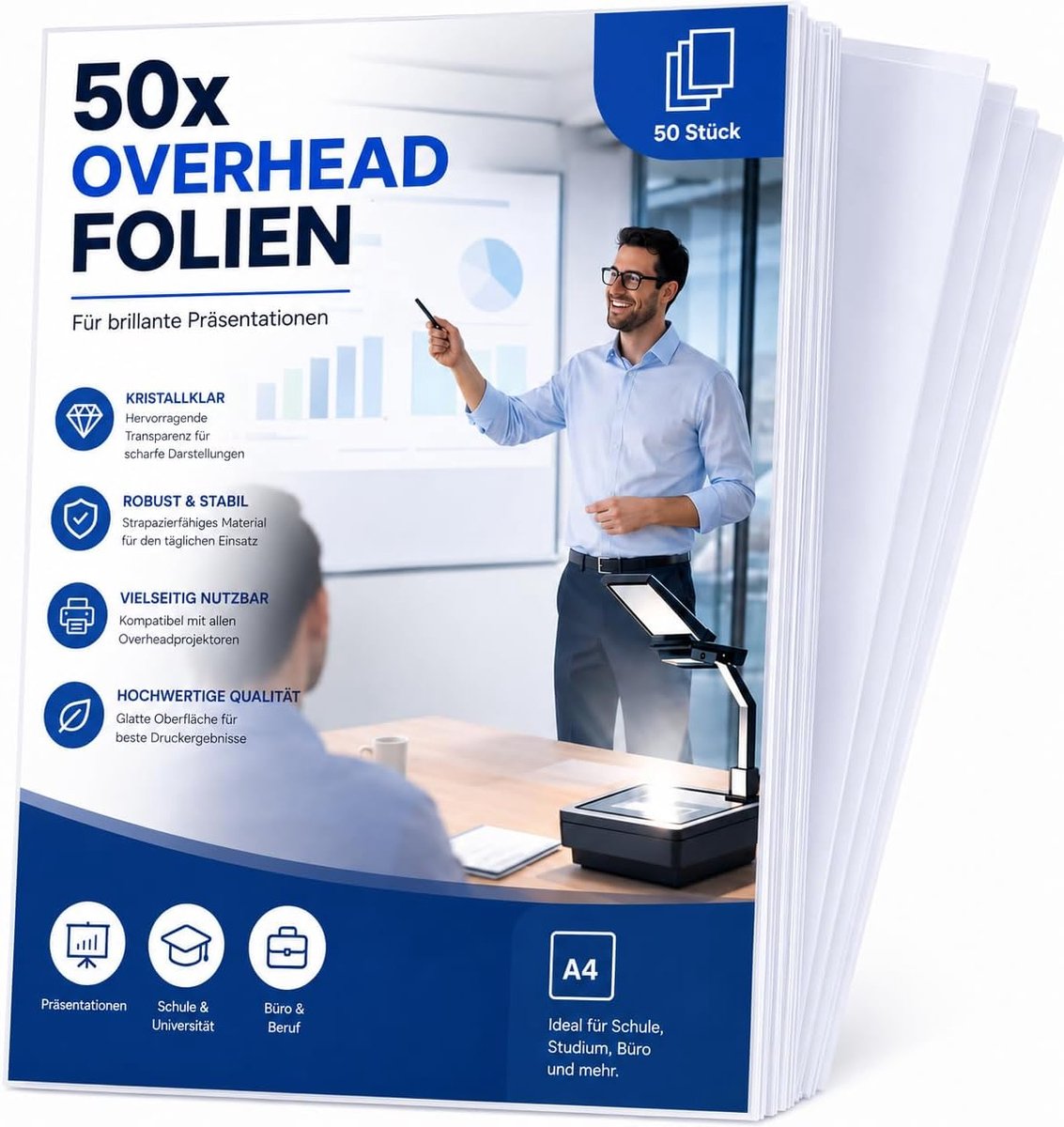 50 x overheadfolie transparant DIN A4 - extra dikke OHP folie voor kopieerapparaat en kopieerfolie laserprinter met hoogwaardige print en projectiekwaliteit