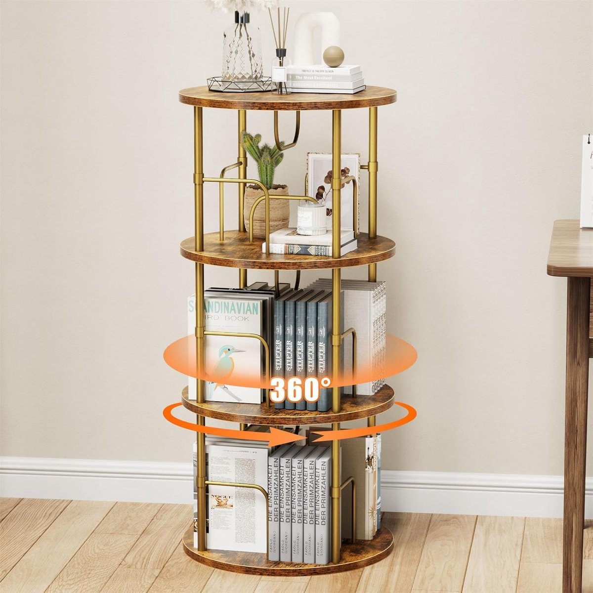 360° draaibare boekenplank, vloerstandaard boekenkast van hout, boekenplank met 3 niveaus, verstelbare niveaus, vrijstaand rek, 45×45×97cm, vintage bruin