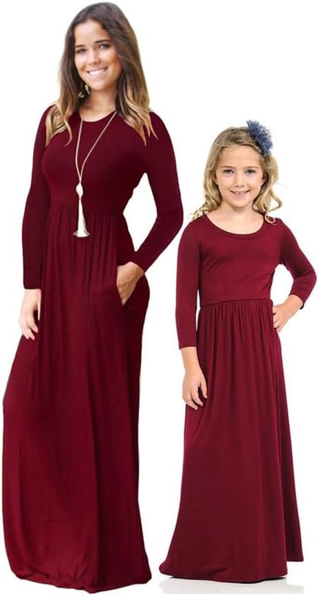 Jurk voor moeder en dochter, set met lange mouwen, maxi-jurk, strandjurk, lange maxi-jurk met zakken, herfst, winter, jurk, rok, familie, bijpassende outfits, vloerlange rok, S