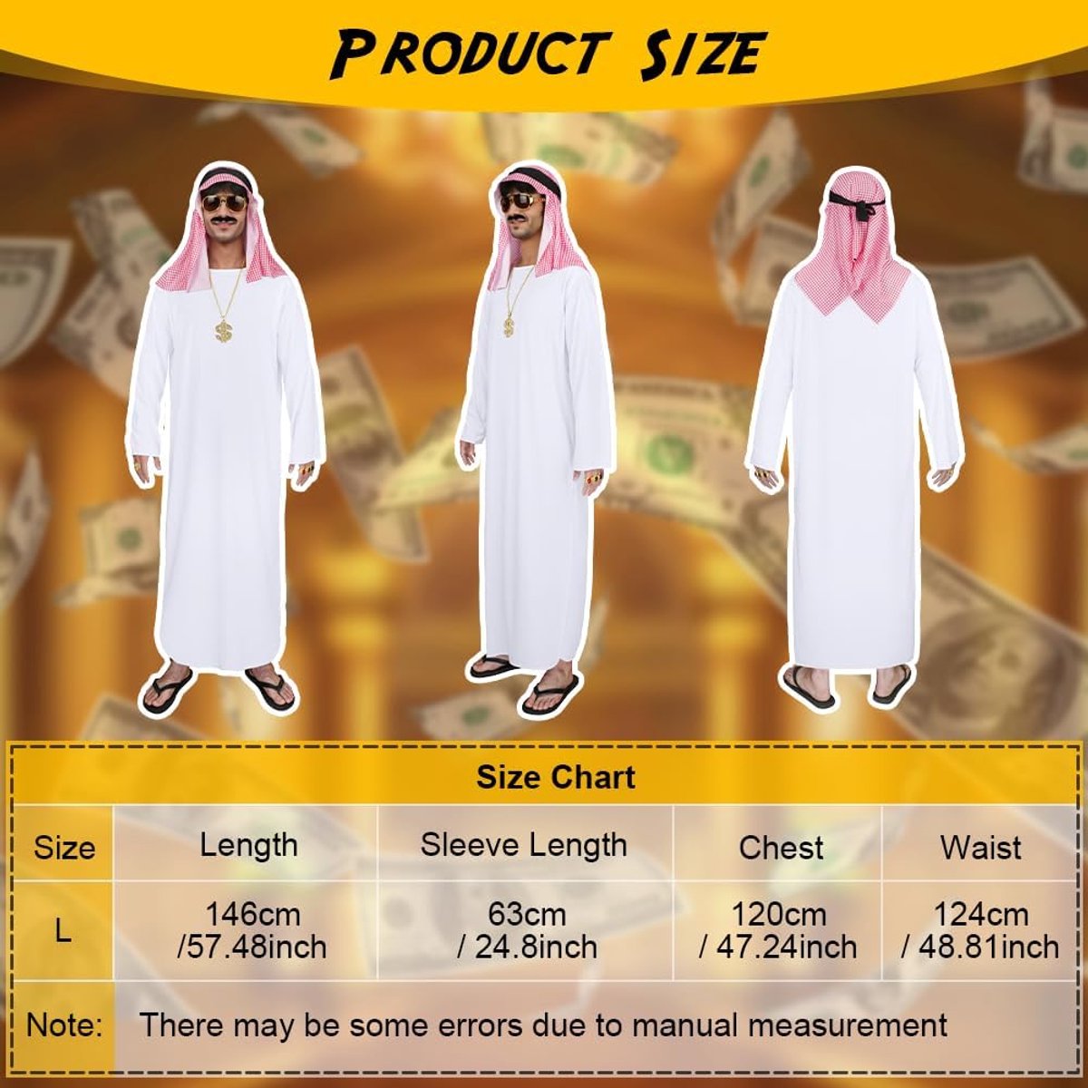Sheikh kostuum, Arabische heren, met sjaal en zonnebril, accessoires voor cosplay-themafeesten, feesten, carnaval, Halloween