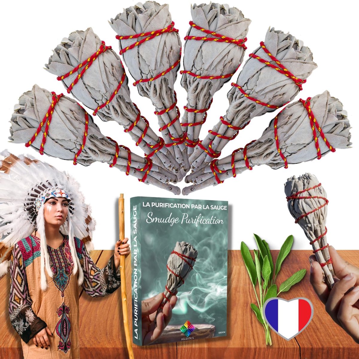 Saliereiniging x 6 + praktisch e-book (PDF) – indianensaliestick voor het verbranden van negatieve en spookenergieën – reiniging, meditatie, ontspanning.