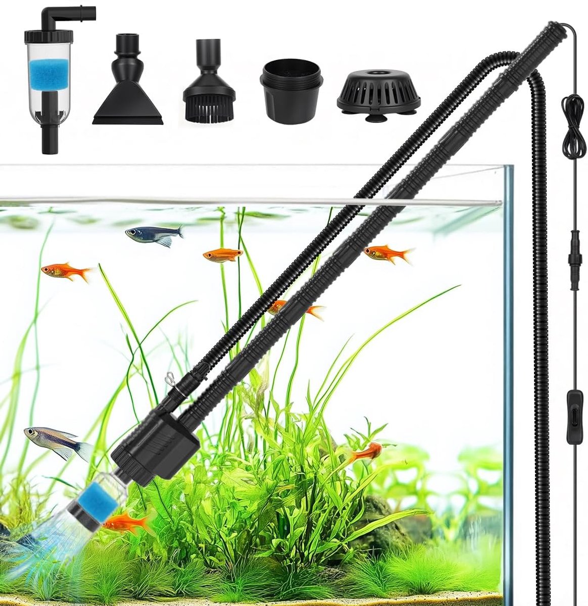 Fishkeeper 30 W aquariumzuiger, elektrisch, instelbaar, 1800 l/u, aquariumstofzuiger, elektrisch, 8-in-1 waterwisselpomp met slang voor zandreiniging, grindreiniger, filtering, watercirculatie