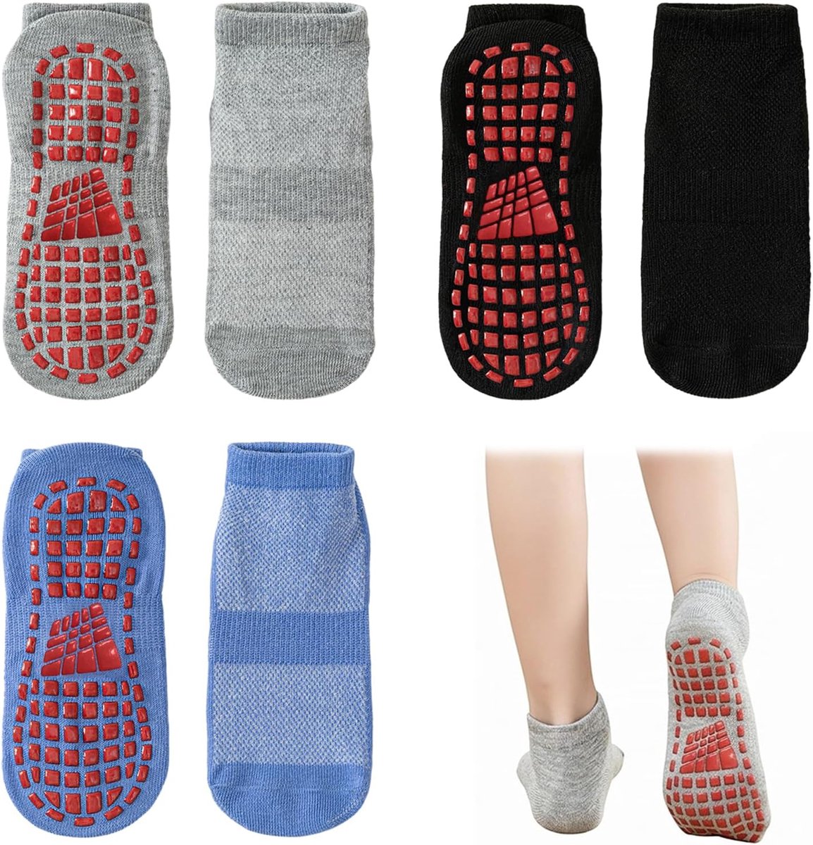 Sokken voor dames en heren, antislipsokken met siliconen noppen, ademende stoppersokken voor pilates, fitness, trampoline, antislipsokken, maat 37-42, zwart/grijs/blauw