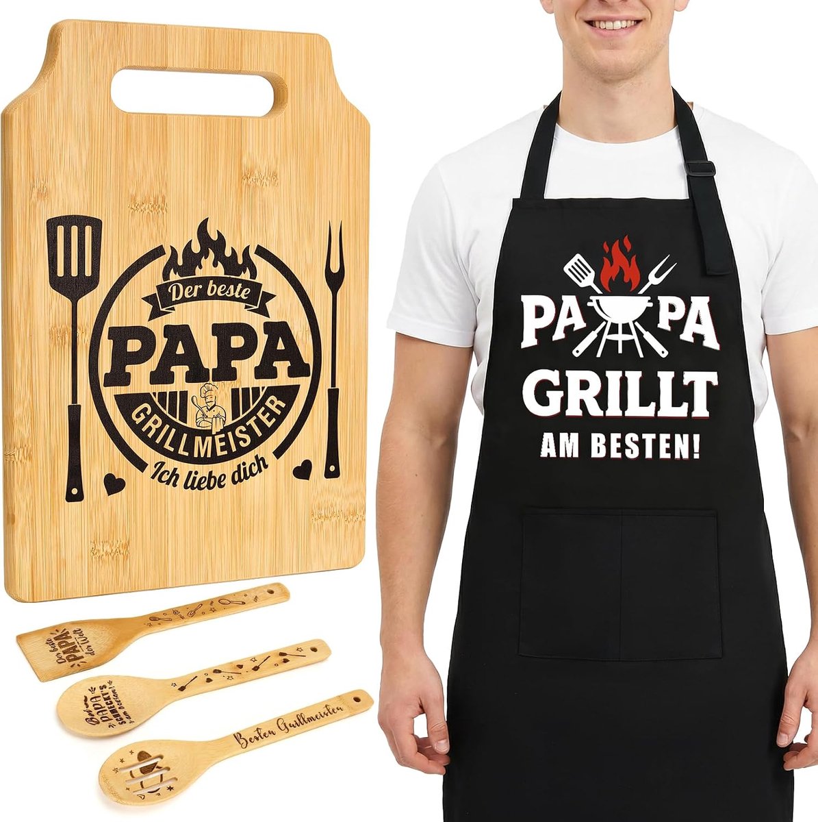 Cadeauset - gegraveerde bamboe snijplank met gepersonaliseerd schort en 3 houten lepels, beste papa cadeau, verjaardag, vaderverjaardagscadeau, cadeaus voor Vaderdag, verhuizing
