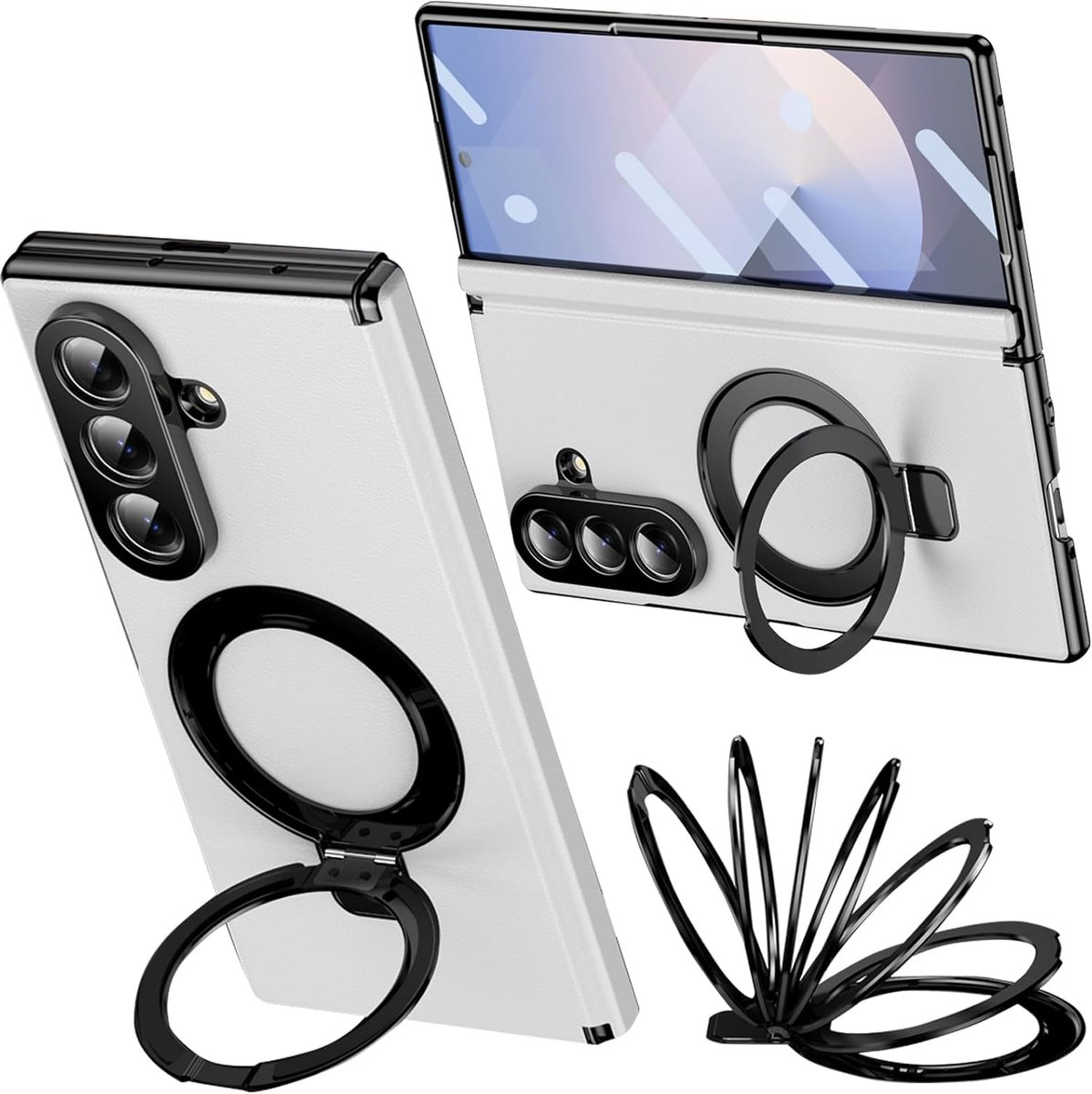 Hoes voor Samsung Z Fold 8 Ultra, scharnierbescherming, displaybescherming, leren hoes voor Samsung Galaxy Z Fold8 Ultra, compatibel met magnetische ring, wit