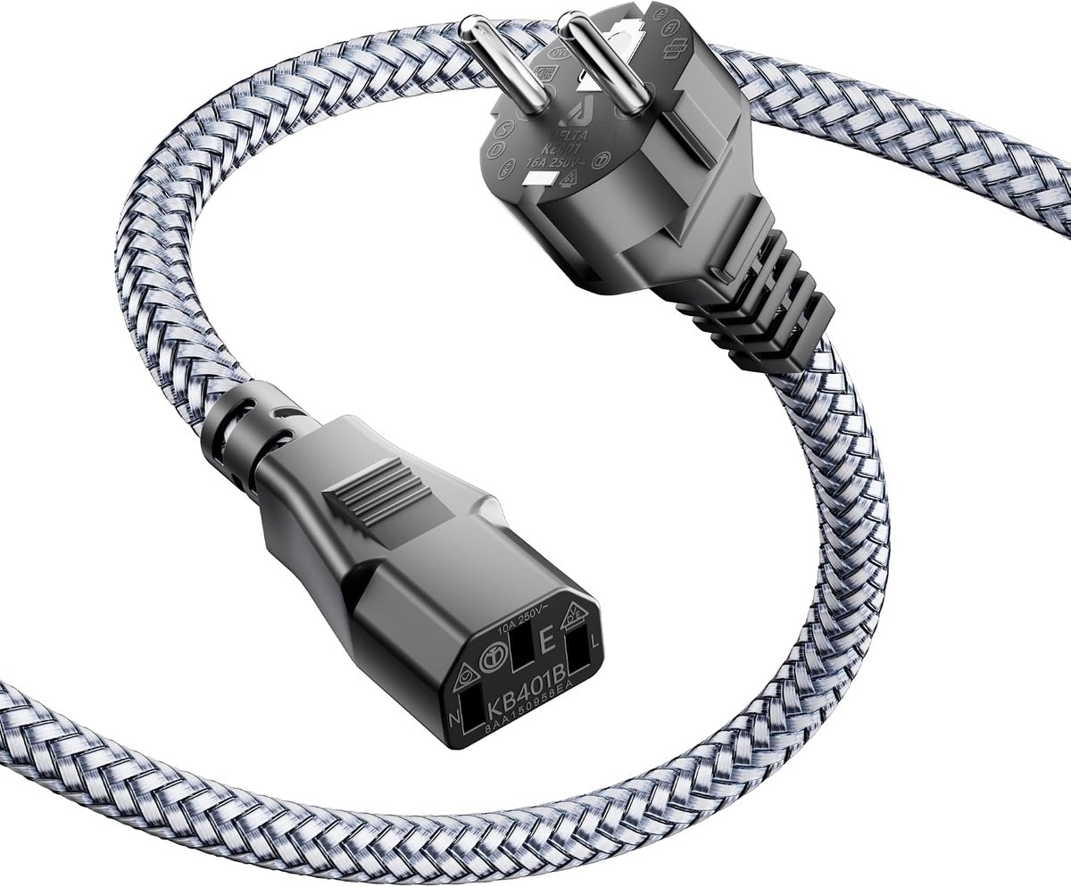 3-polig, 8 m, koudapparaatkabel, nylon gevlochten, universele stroomkabel (CEE 7/7 naar IEC60320 C13), koudapparaatstekker, recht met VDE-aansluiting, voor monitoren, pc, printer, PS3/PS4
