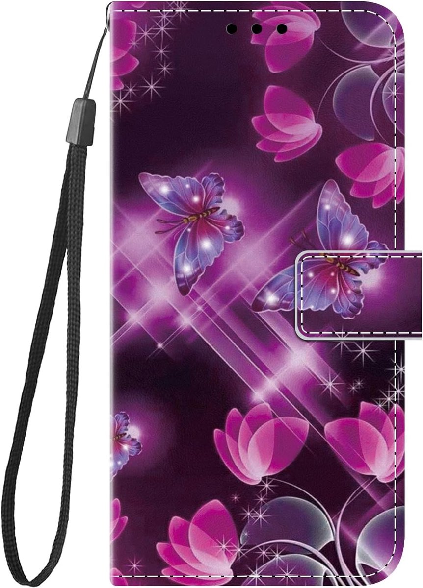 Beschermhoes voor Samsung Galaxy A37 5G, schokbestendig, PU-leer, met schattig motief, tekening-design, portefeuille, beschermhoes met flip folio case voor Galaxy A37, Farfalla Violet