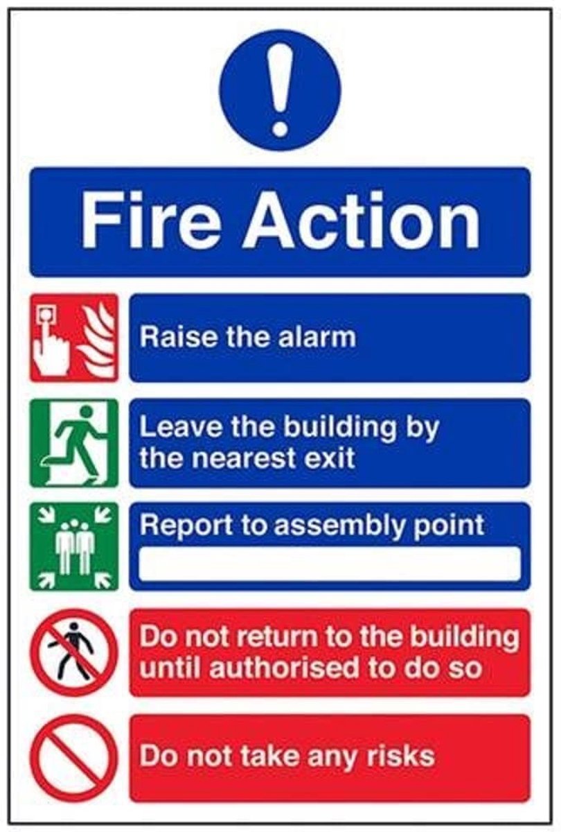 Engels bord "Fire Action", 5 berichtenrisico's, staand formaat, 200 x 300 mm, zelfklevend vinyl