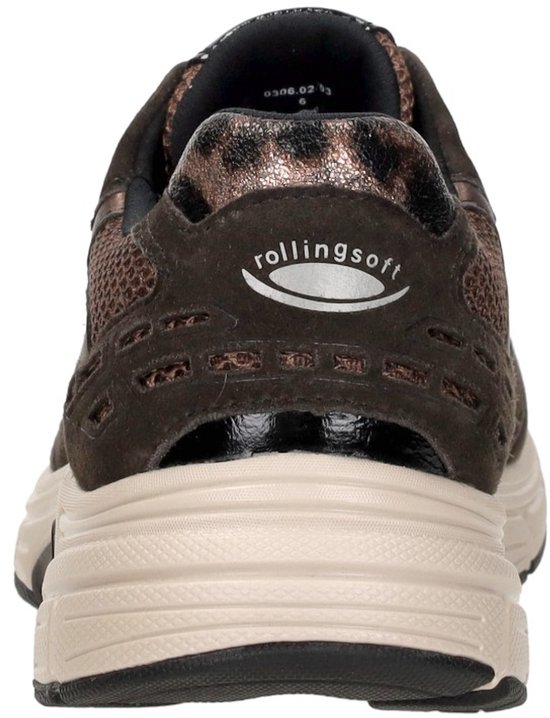 Achterkant bruine Gabor sneaker met luipaardprint detail en "rollingsoft" logo.