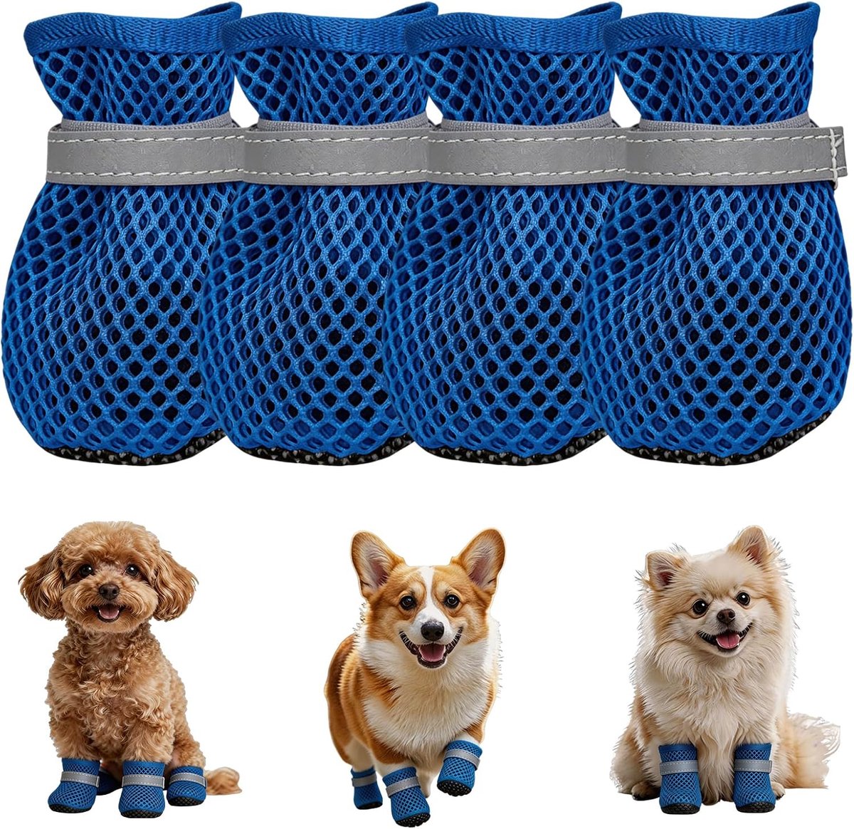 Schoenen voor honden, 4 stuks, ademend, zomer, antislip, hondenschoenen met reflecterende riemen, voor binnen en buiten in de zomer (blauw, XL)