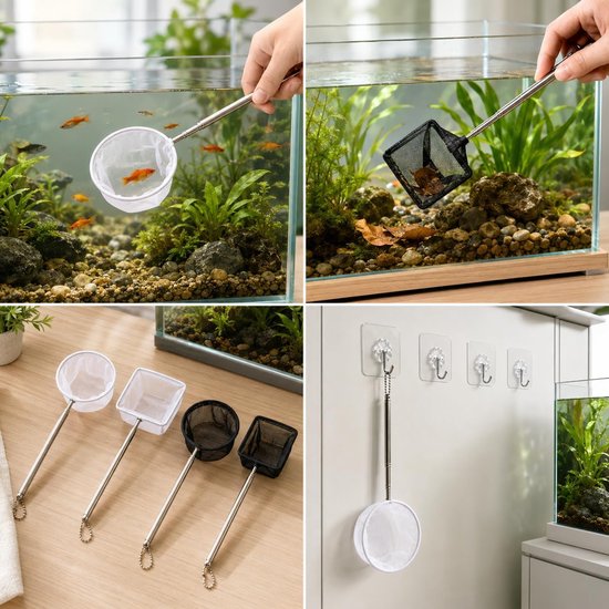 4 stuks aquarium schepnet set met 4 haken, rond en vierkant visnet met telescopische roestvrijstalen handgreep 13-39 cm voor garnalen, kleine vissen en reiniging — afbeelding 3