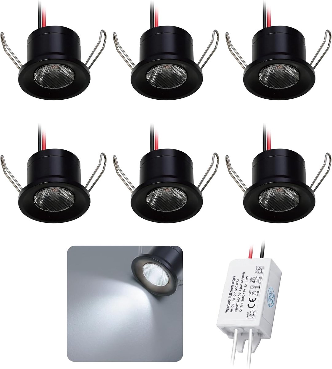Klein 6 stuks 12V 2W inbouw LED-spot plafondverlichting voor keuken, trap, kast, hal, doe-het-zelf-verlichting, vitrinekast, kast, downlight (cool wit)
