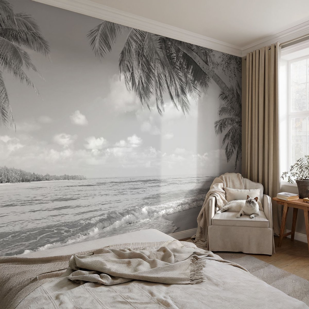 Coloray Vliesbehang - Zwart-Wit Snellijm Behang - 104x70 cm - Tropisch Paradijs Muurschildering - Gang behang Landschappen - Fotobehang Vlies - Slaapkamer behang