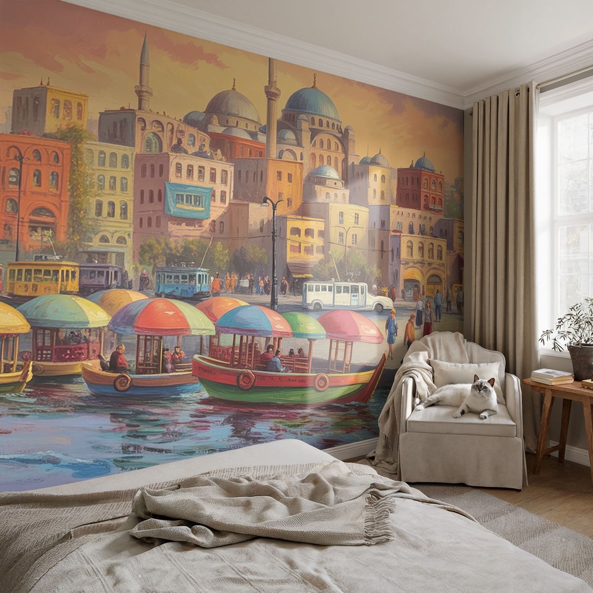 Coloray Vliesbehang - Zwart Snellijm Behang - 104x70 cm - Stedelijke Kust Fotobehang Vlies - Woonkamer behang Steden - Muurschildering - Woonkamer behang