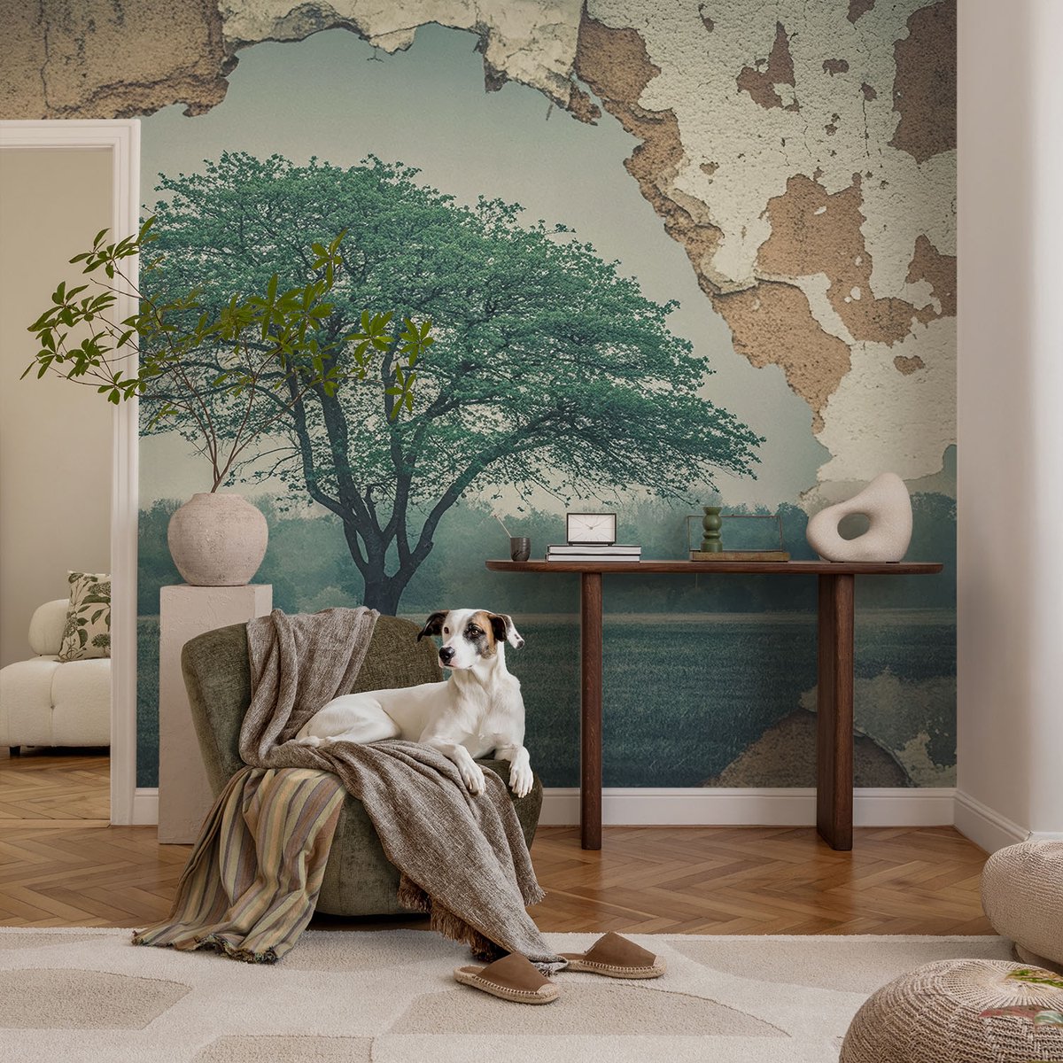 Coloray Vliesbehang - Grijs Snellijm Behang - 104x70 cm - Een Eenzame Boom Muurschildering - Gang behang Landschappen - Fotobehang Vlies - Slaapkamer behang