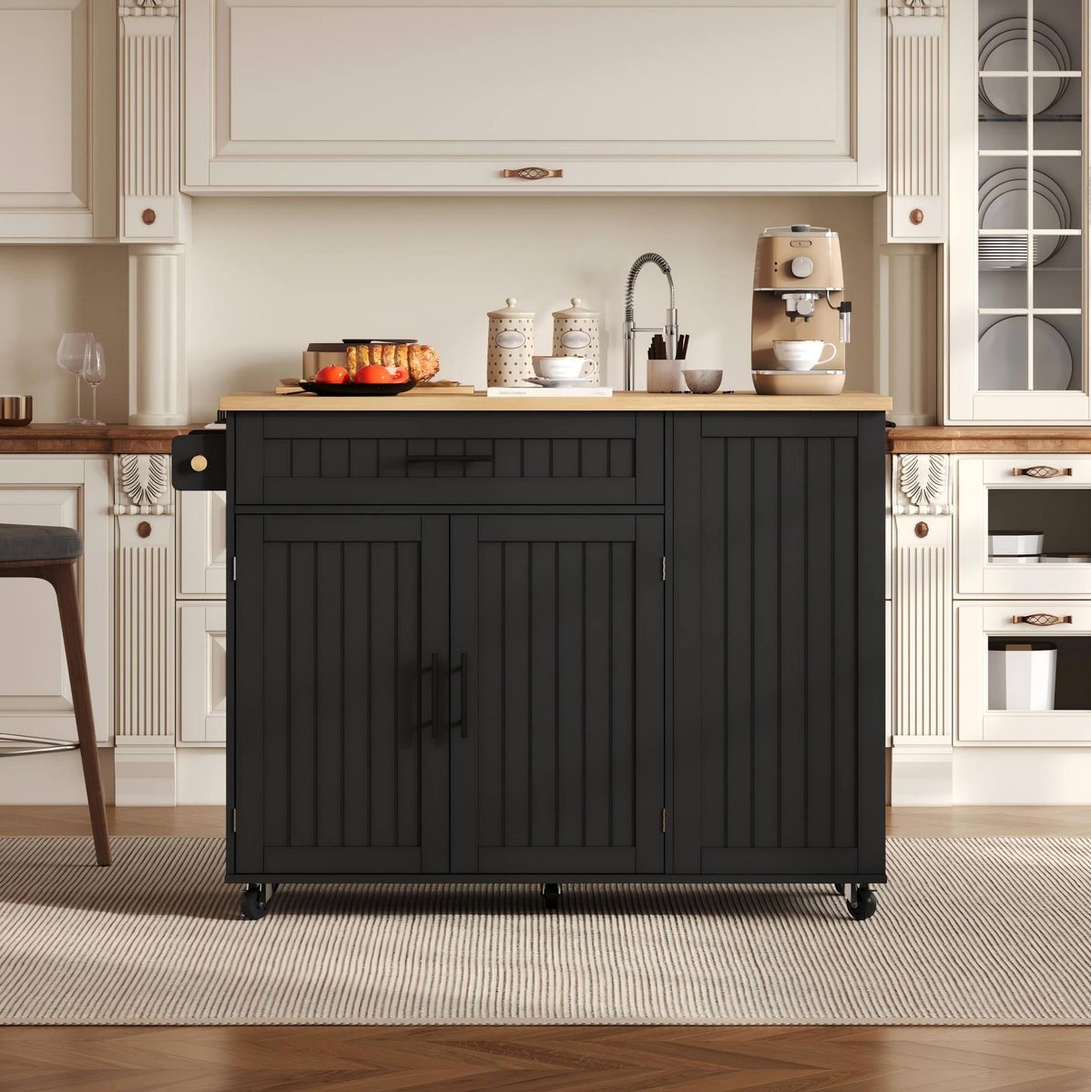 MODENUIT Keukenisland 130 x 45 tot 70 x 93 cm - Klapbaar Werkblad Met Wielen - Voor Keuken - MDF - Zwart