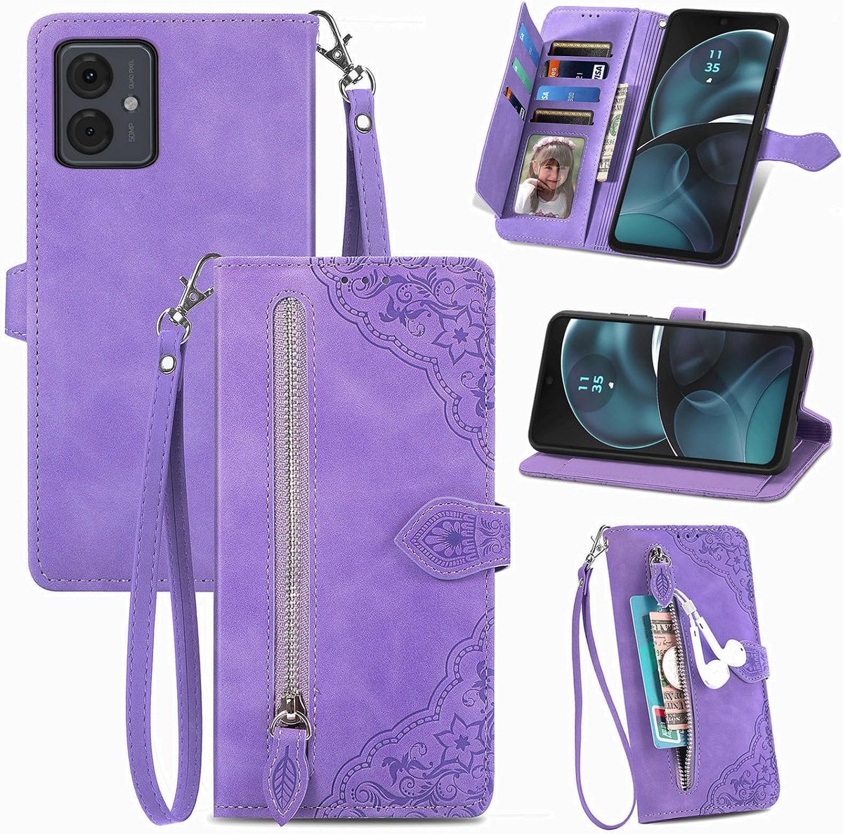 Compatibel met Motorola Moto G14, PU-lederen klaphoesje, met polsbandje en magnetische sluiting, kickstand, TPU-schokbestendige cover voor Moto G14 - Paars