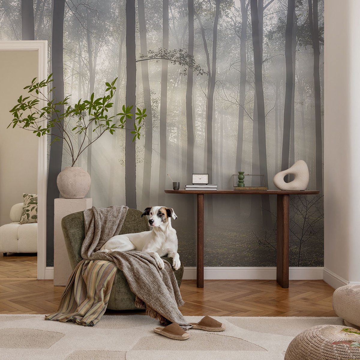 Coloray Vliesbehang - Grijs Snellijm Behang - 104x70 cm - Etherisch Woud Fotobehang Vlies - Woonkamer behang Landschappen - Muurschildering - Woonkamer behang