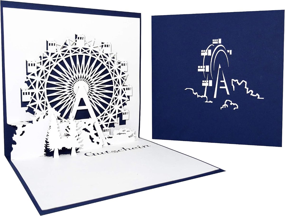 "voucher | reuzenrad" blauw, voucher bon, reisvoucher 3D kaart, uitnodiging, cadeaubon, uitnodigingskaart, kaart voor jubileum, wenskaart, cadeaukaart, geldgeschenk, verjaardagskaarten