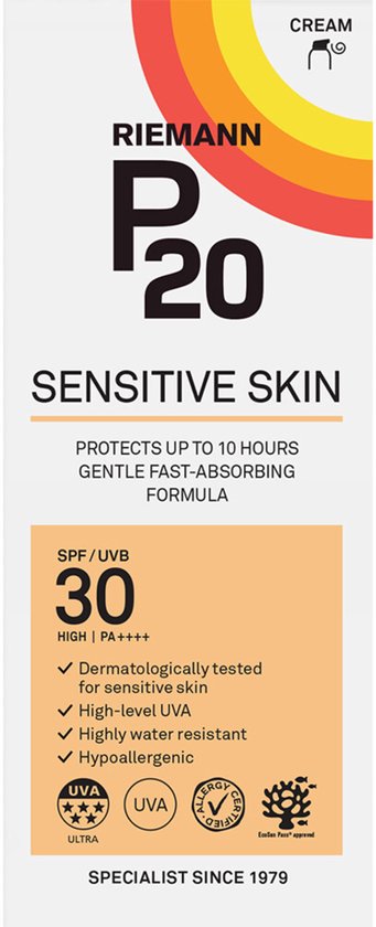 P20 Sensitive Skin zonnebrandcrème met SPF 30, hoge UVA- en UVB-bescherming. Hydraterende formule.