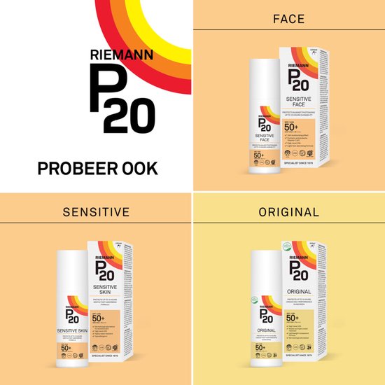 De P20 productlijn met zonnebrandcrèmes: P20 Kids, P20 Sensitive Face en P20 Original.