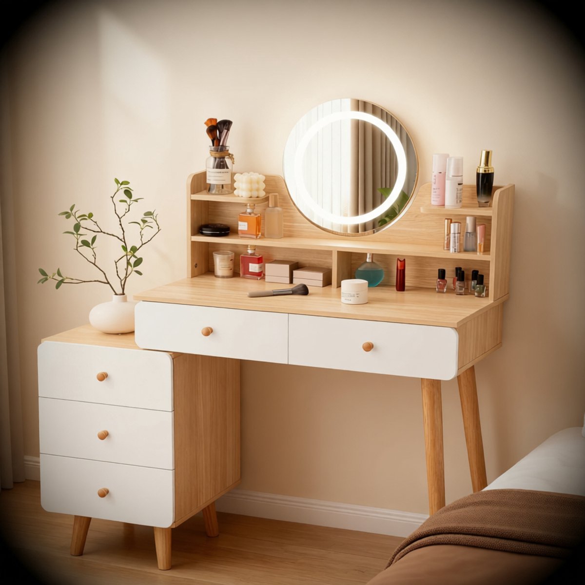 Kaptafel met Verlichte Spiegel 115 cm - Make-uptafel met 5 Laden en 3 Planken - Hout en Wit.