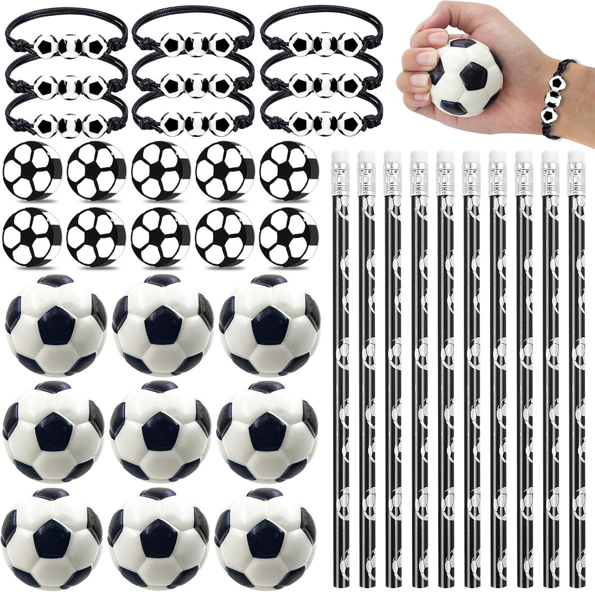 Voetbal, 40 stuks, verjaardag, jongens, potloden, gum, mini-bal, armband, anti-stress bal, softbal, cadeau voor verjaardag, voetbal