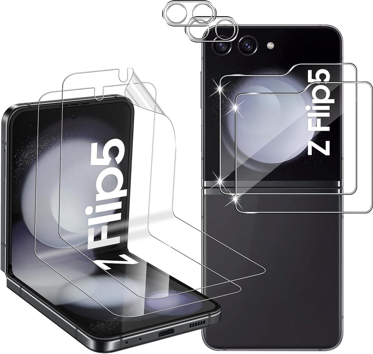 Beschermfolie voor Samsung Galaxy Z Flip 5 5G, pantserglas beschermfolie + TPU flexibele folie + camera beschermfolie [2+2+2 stuks], 9H hardheid, HD, krasbestendig, anti-luchtbellen, TPU