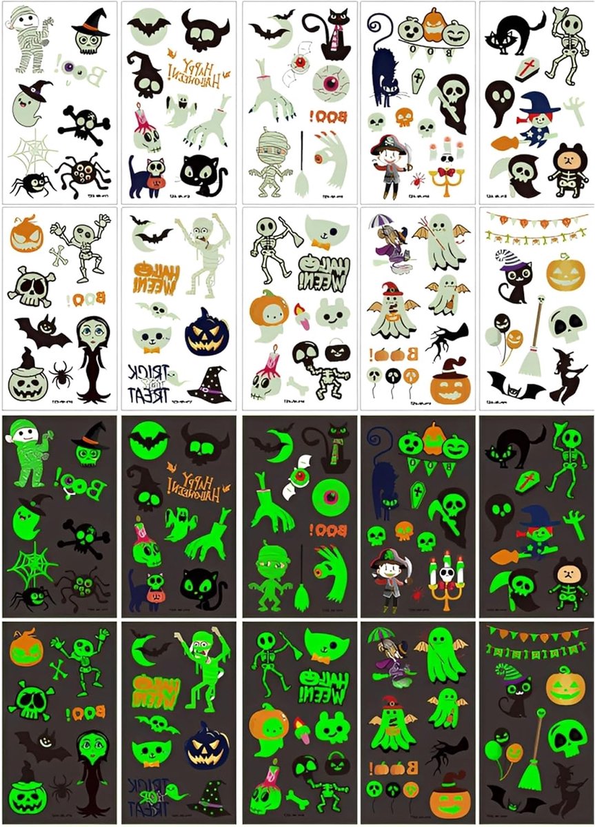 10 vellen Halloween-tattoos, oplichten in het donker, tijdelijke tattooset, lichtgevende tatoeages, stickers voor meisjes en jongens, Halloween-party, decoratie, accessoires, stijl B