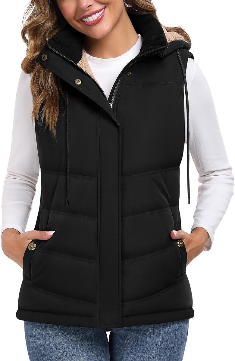 heekpek Damesvest van fleece, met capuchon, ritssluiting, mouwloos jack, warm vest, herfst, winter, substantiële jas