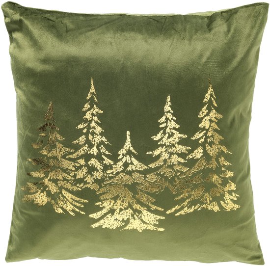 Vierkant fluwelen sierkussen in olijfgroen met een goudkleurige print van dennenbomen.