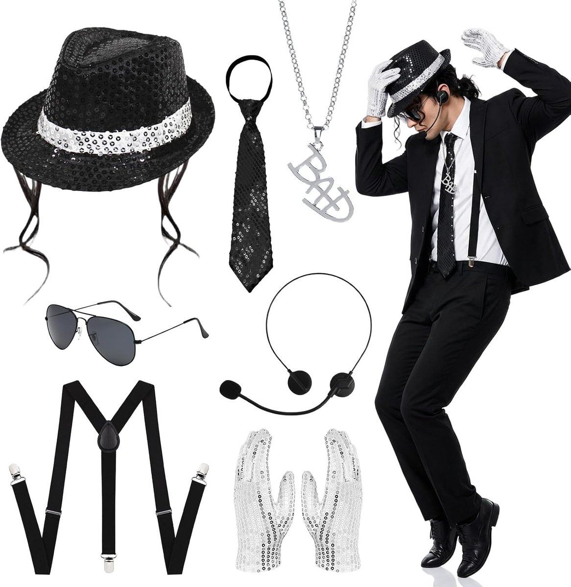 7-delige jaren 80-popstar-kostuumaccessoireset voor mannen, rockstar cosplay-set met jazz-hoed, handschoenen, bril, halsketting, bretels, stropdas en hoofdmicrofoon voor podium en themafeest