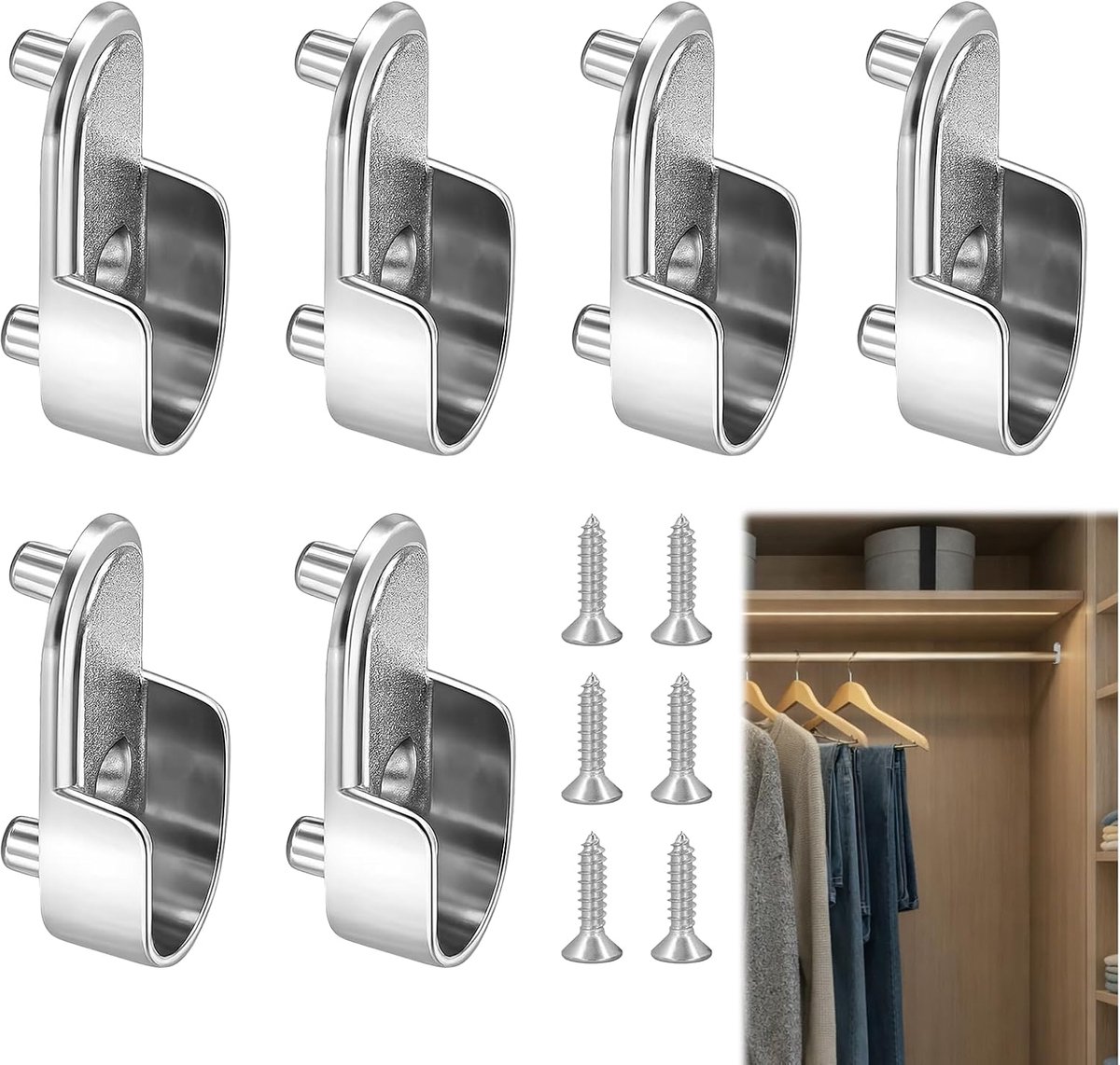6 stuks kledingstanghouders, robuuste kledingstanghouders voor kast en wandmontage, eenvoudig te installeren kastbuislagers van metaal, universele stanghouder (zilver)