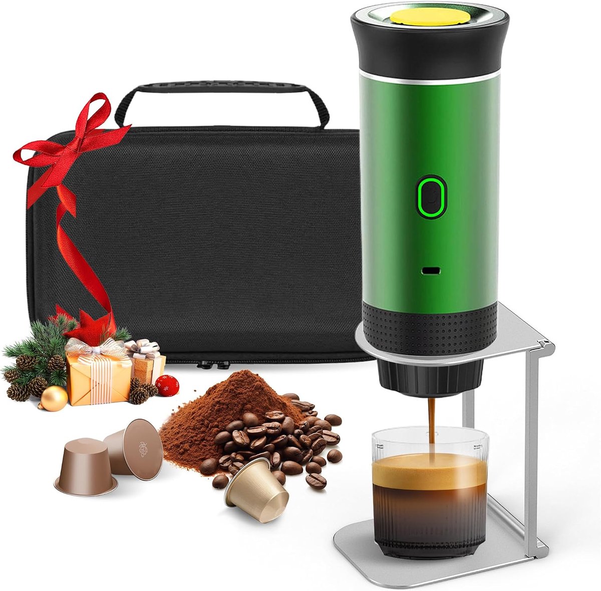 Draagbare koffiemachine met draagtas/opvouwbare koffiehouder, 3-in-1, draagbare elektrische espressomachine (groen)