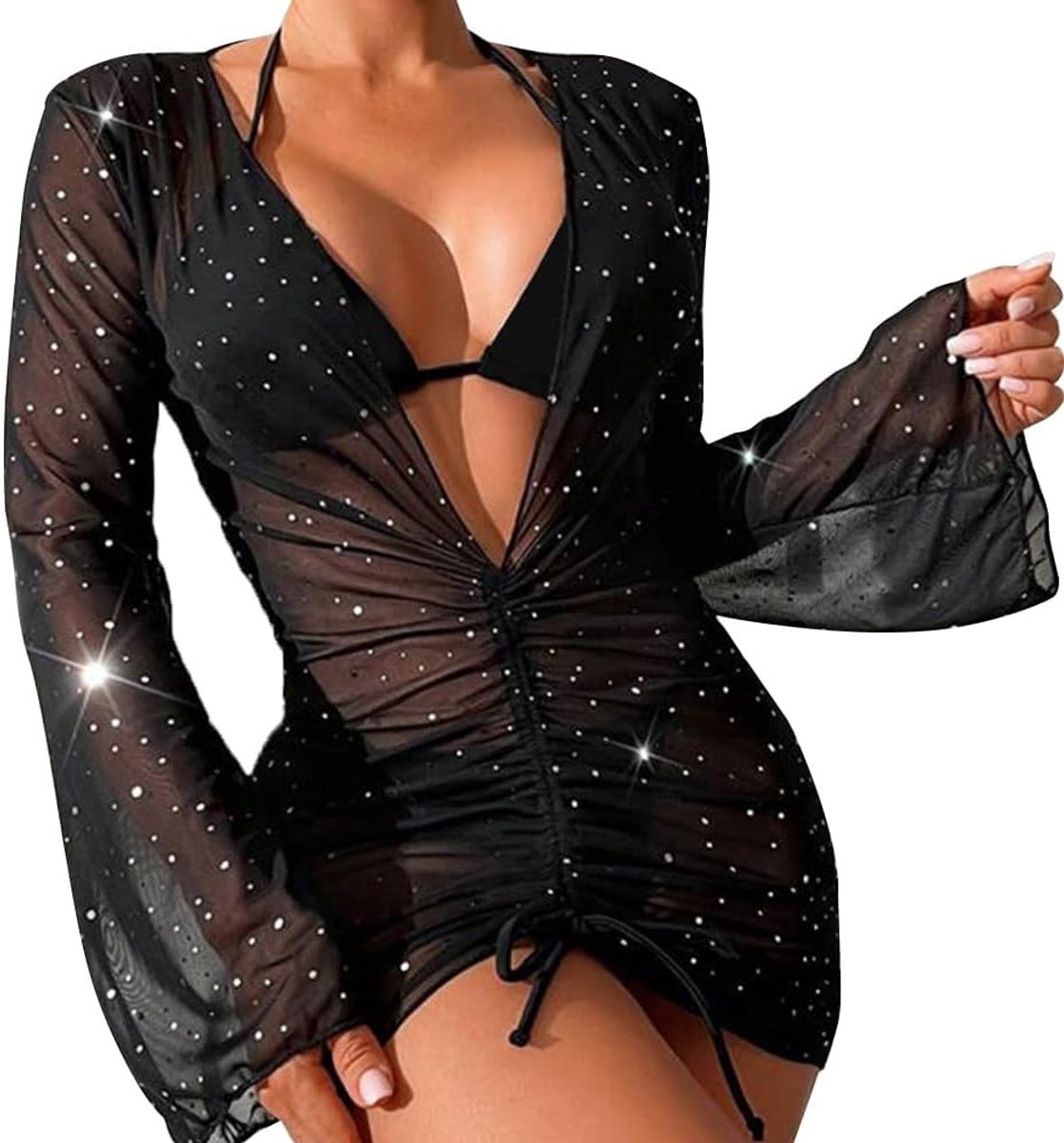 Strandjurk voor dames, sexy bikini-cover-up, zwarte jurk met lange mouwen, doorzichtig fijn net, mini-jurk, zomer, badmode, blousejurk, zwart, L