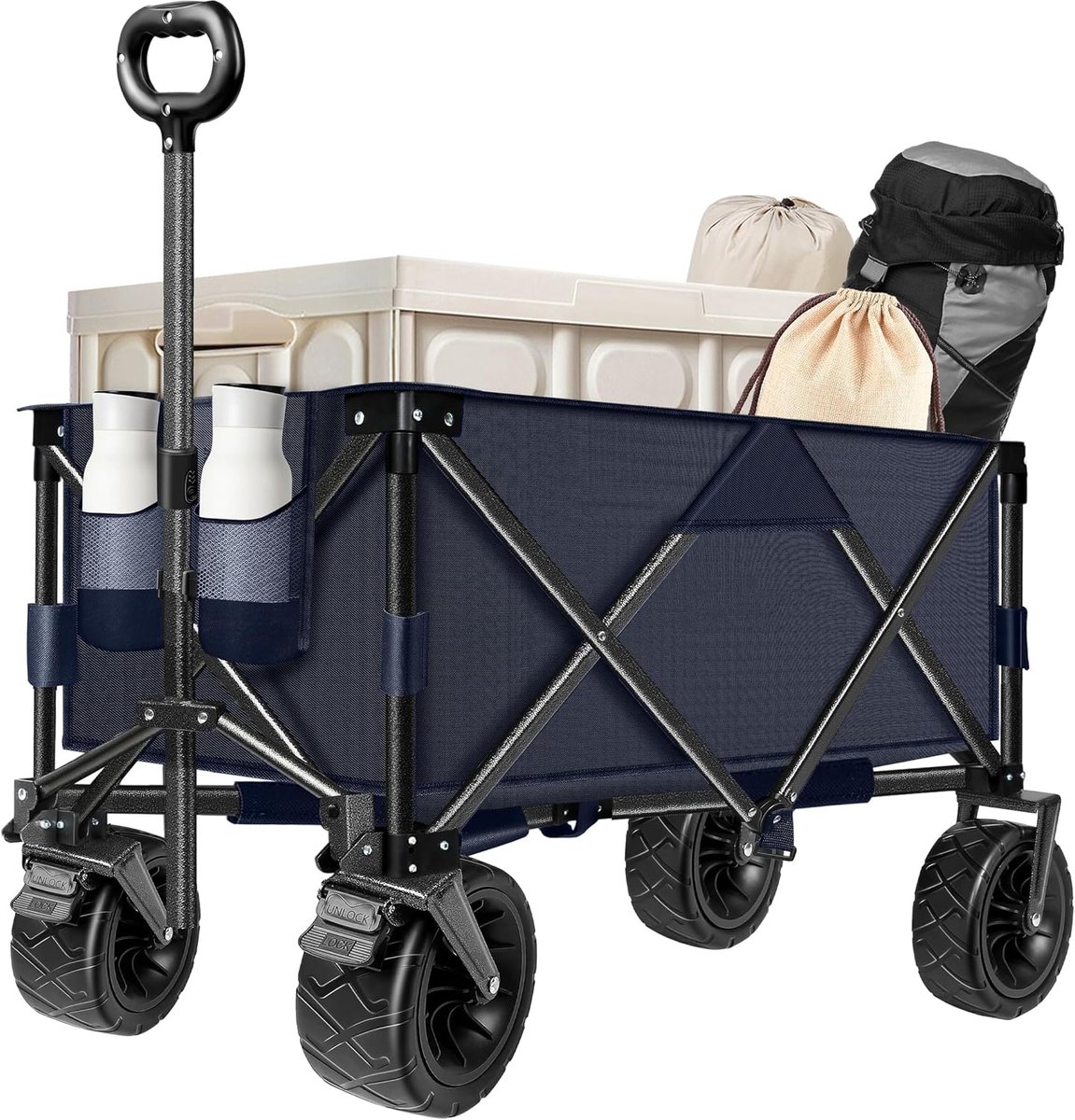 Opvouwbaar, met grote wielen, inklapbaar, verstelbare handgreep, transportwagen, strand, tuin, camping