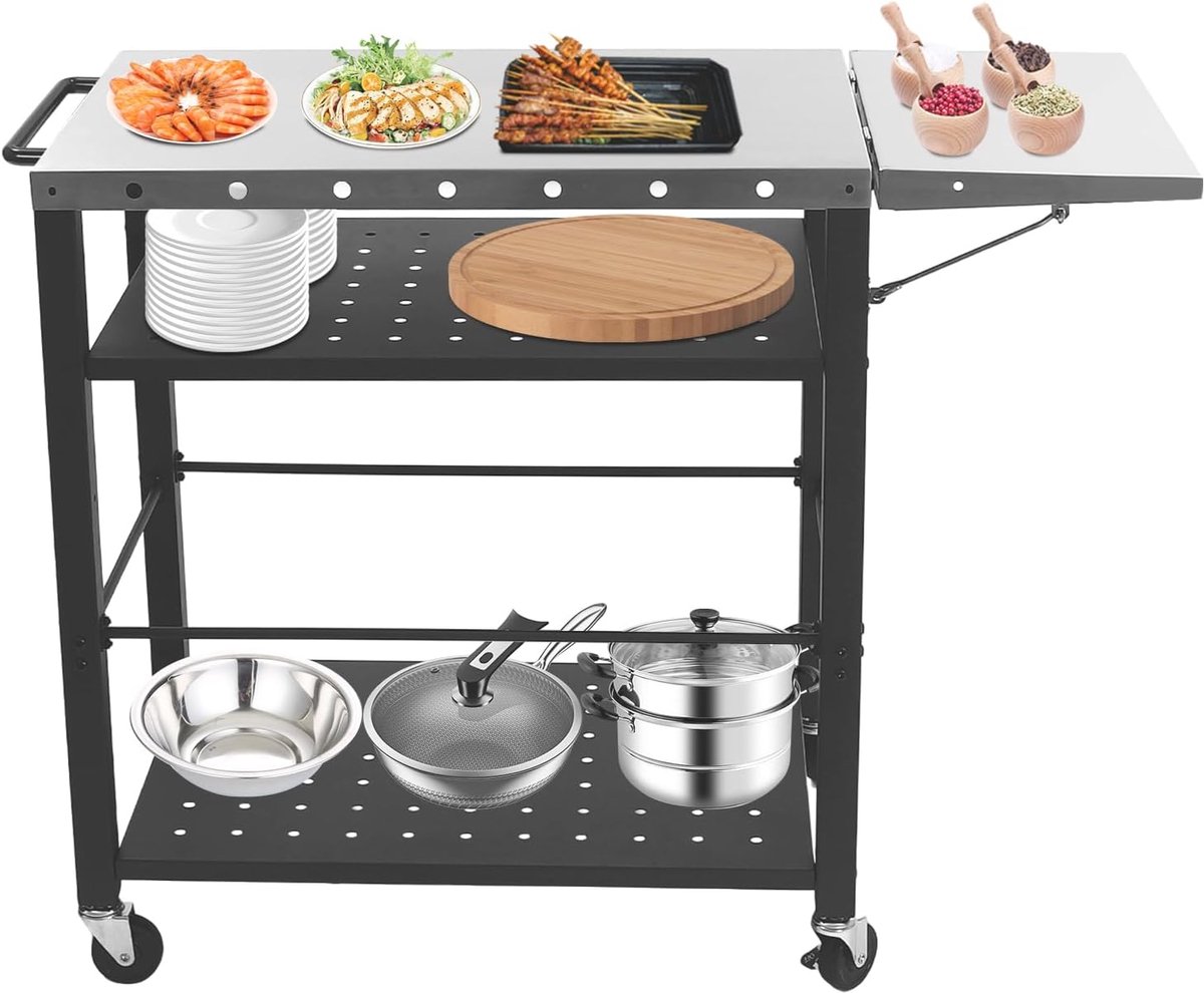 Outdoor grilltafel met roestvrijstalen plaat, inklapbare zijtafel, campingtafel, metalen serveerwagen, groot werkblad voor buiten, picknicks en feestjes