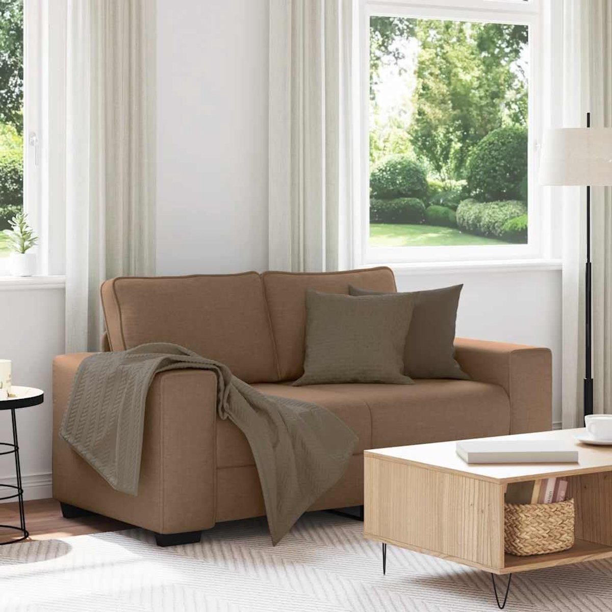 2-zitsbank, bruin, 160 x 77 x 82 cm, stoffen bank voor thuis, met brede armleuningen en robuust houten metalen frame, voor woonkamer en kantoor